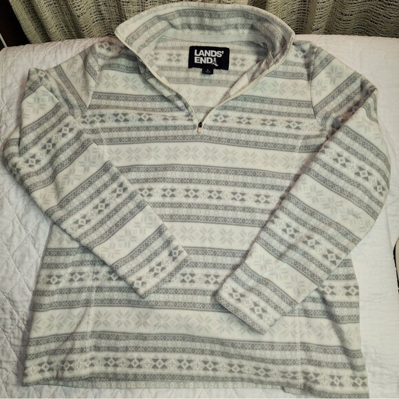 Lands end womens pullover fair isle white grey full zip fleece size large winter - Picture 1 of 9